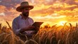© Sinechana - 9. Farmer in a wide-brimmed hat, holding a tablet, surrounded by tall, ripe wheat, with a dramatic sunset sky in the background