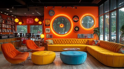 Retro coffee shop with bold colors, vinyl records, and vintage mid-century modern decor. Bright furniture, neon lights, and nostalgic accents create a cozy and lively environment  --ar 16:9 --no logo