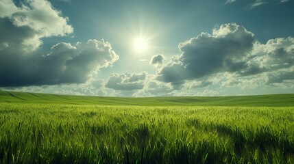 15. Majestic clouds casting shadows over a sprawling green wheat field, with the sun peeking through and highlighting the natural beauty of the scene