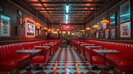 Canvas Print - Retro diner coffee shop with vibrant red leather booths, checkered tile floors, and neon lights glowing on the walls.