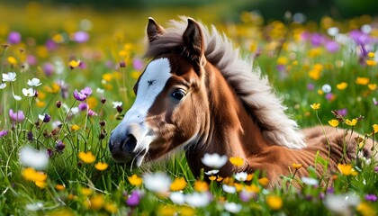 Wall Mural - Shetland pony resting among vibrant wildflowers in a serene meadow