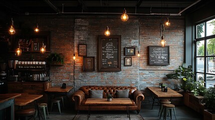 Canvas Print - Rustic coffee shop interior with vintage wooden furniture, brick walls, hanging Edison bulbs, and leather couches. Soft,