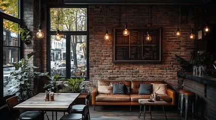 Canvas Print - Rustic coffee shop interior with vintage wooden furniture, brick walls, hanging Edison bulbs, and leather couches. Soft,