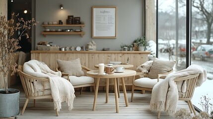 Canvas Print - Scandinavian-style coffee shop with light wooden furniture, pastel tones, and cozy throws draped over chairs.