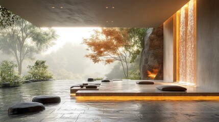 Wall Mural - Tranquil spa space with a serene waterfall and natural surroundings.