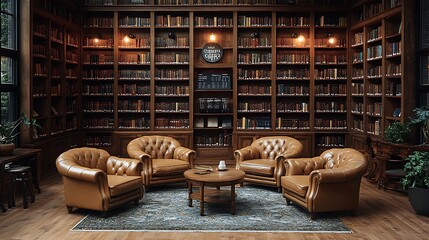 Canvas Print - Vintage library coffee shop with high wooden bookshelves, plush leather armchairs, and warm, soft lighting. The classic decor creates a quiet,