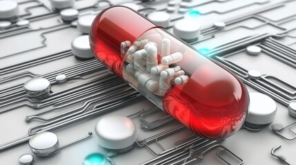 Poster - Digital Capsule with Pills on Technology Background