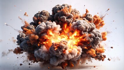 Wall Mural - A Large Explosion With Smoke and Flames Against a White Background