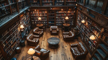 Poster - Vintage library coffee shop with walls lined with books, cozy leather armchairs, and soft lighting from traditional table lamps. The rich wood and warm lighting create a relaxed,