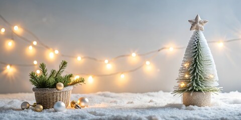 Wall Mural - Cozy Christmas decoration with mini Christmas tree and lights on snowy background