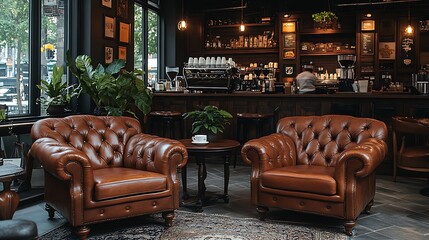 Canvas Print - A classic coffee house with dark wood furniture, overstuffed leather armchairs, and soft, warm ambient lighting. The inviting space is cozy and traditional,