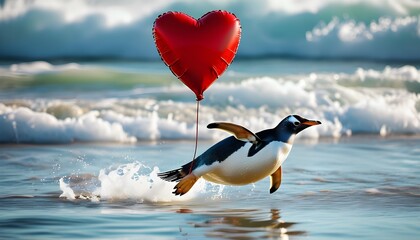 Penguin soaring with red heart-shaped balloons above shimmering water