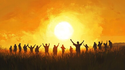 90. Silhouetted figures reaching out to the sun in a field, symbolizing community, faith, and a lifestyle filled with light