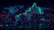 © LuvTK - A cryptocurrency market chart showing green and red candlesticks representing bullish and bearish sentiment, projected over a dark global map with glowing network lines, soft cinematic lighting,