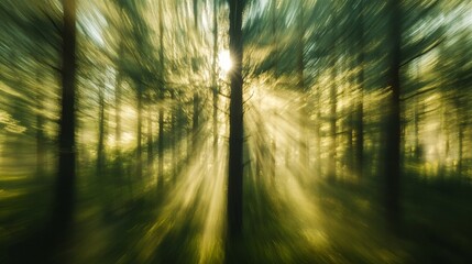 107. Abstract view of a sunny spruce forest, with blurred pine branches and sun rays breaking through, capturing the essence of a summer day in nature