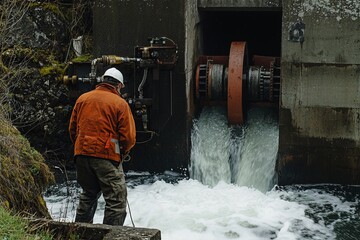 Wall Mural - An Engineer Inspects A Small Hydroelectric Generator. They Check The Water Flow And Turbine Components For Any Signs