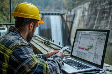 Wall Mural - An Engineer Reviews The Performance Data From A Hydroelectric Dam. They Analyze The Flow Rates And Turbine