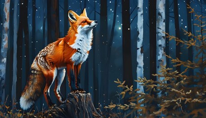 Poster - Nighttime forest scene with a red fox perched on a tree trunk