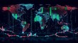 © LuvTK - A cryptocurrency trading chart with rising green candlesticks, projected over a dark world map, financial hubs glowing in vibrant colors, network lines connecting active cryptocurrency exchanges,
