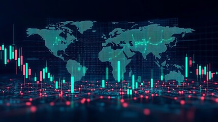 A cryptocurrency trading chart with green and red candlesticks, displayed on a digital world map, cryptocurrency symbols like Bitcoin and Ethereum moving between regions,