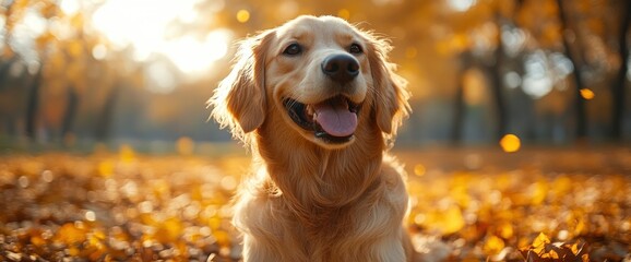 Wall Mural - Golden Retriever Dog in Autumn Leaves