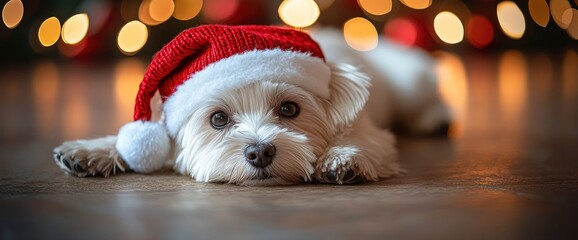 Poster - White Dog Wearing Santa Hat in Front of Christmas Lights