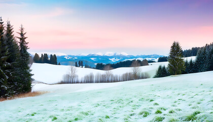 Winter scenery in peaceful countryside with trees, grass, and natural open space.