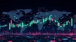 © LuvTK - A detailed candlestick chart with green and red bars, placed over a glowing world map, bright network lines representing cryptocurrency trades across different time zones, illuminated financial hubs,