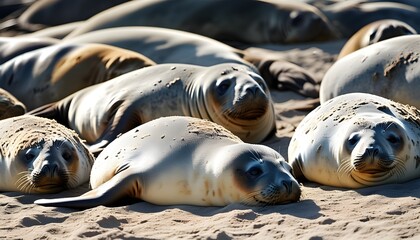 Wall Mural - Southern elephant seals lounging on a sandy beach under the sun