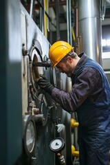 Wall Mural - A Worker Tests The Efficiency Of A Biomass Boiler. They Check The Fuel Supply And Combustion Process To Ensure