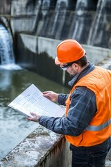 Wall Mural - An Engineer Reviews The Performance Data From A Hydroelectric Dam. They Analyze The Flow Rates And Turbine