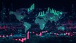 © LuvTK - A dynamic cryptocurrency market chart with rising green candles, set against a dark world map, key financial hubs glowing brightly, network lines connecting active trading regions, soft neon lighting,