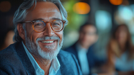 Canvas Print - Smiling senior man wearing glasses in a casual setting.