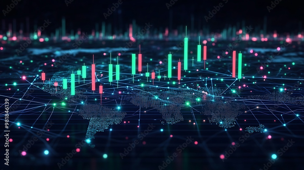A futuristic candlestick chart with green and red candles fluctuating ...
