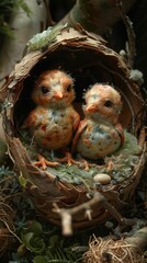 Two Baby Birds Huddled Together in a Nest