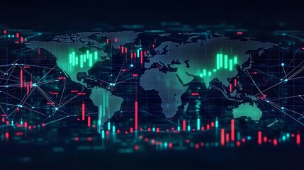 A futuristic cryptocurrency trading interface with holographic green and red candlestick chart, layered over a digital world map, network lines illuminating international financial hubs,