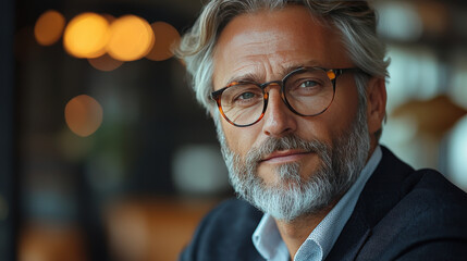 Close-up portrait of a mature man with grey hair and beard wearing glasses, looking at the camera.