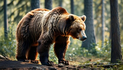 Wall Mural - Majestic Eurasian Brown Bear Posing by Tree in Lush Forest Setting