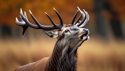 Wall Mural - Majestic red deer stag bellowing in the golden hues of autumn during the spirited rut season