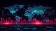 © LuvTK - A real-time market monitoring system with fluctuating candlestick chart, projected over a glowing world map, live data streams representing cryptocurrency trades flowing between financial centers,