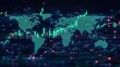 © LuvTK - A sharp upward movement in green candlesticks on a cryptocurrency chart, projected over a digital world map, cryptocurrency symbols flashing across continents,
