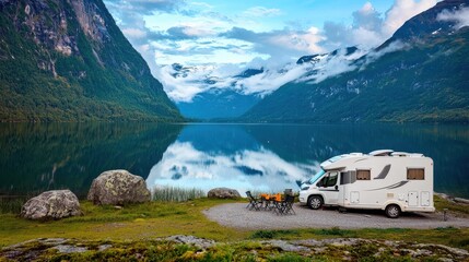 Wall Mural - RV Camping by a Serene Mountain Lake with Stunning Scenery