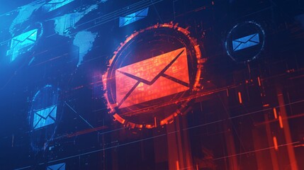 Wall Mural - Email notification with red alert and hacker icon, sleek cyberpunk style, alert notification with vibrant red and detailed hacker symbol, high-tech and clean, frontal view, notification prominently