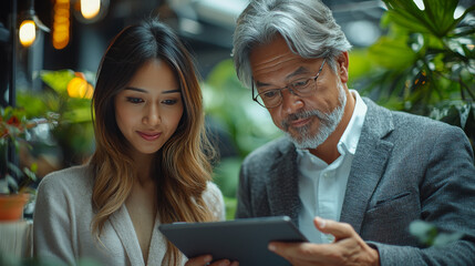 A young woman and an older man look at a tablet together.