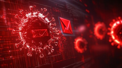 Wall Mural - Red virus symbol with an email lockdown warning, crisp modern style, virus symbol with intricate details and a prominent lockdown warning, professional and clean, angled view, virus symbol in