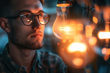 Introspective Caucasian male adjusting a vintage light bulb in a dimly lit workshop, focusing on innovative ideas.