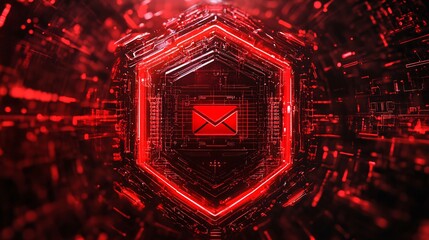 Wall Mural - Red virus shield with an email security warning, high-tech style, virus shield with intricate details and a prominent security warning, modern and clean, frontal view, shield as central focus,