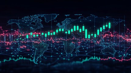 A vibrant candlestick chart with green candles soaring, overlaid on a global map with glowing financial hubs in major cities, network lines connecting cryptocurrency trading hotspots,