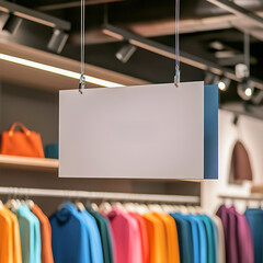 A blank hanging sign in a colorful clothing store with vibrant apparel and modern design on display