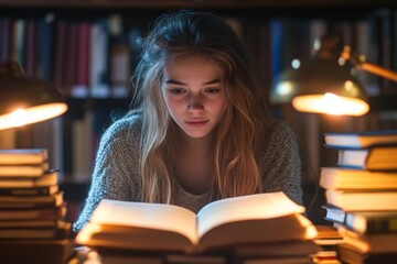 Young woman studying textbook at table in library with lamp